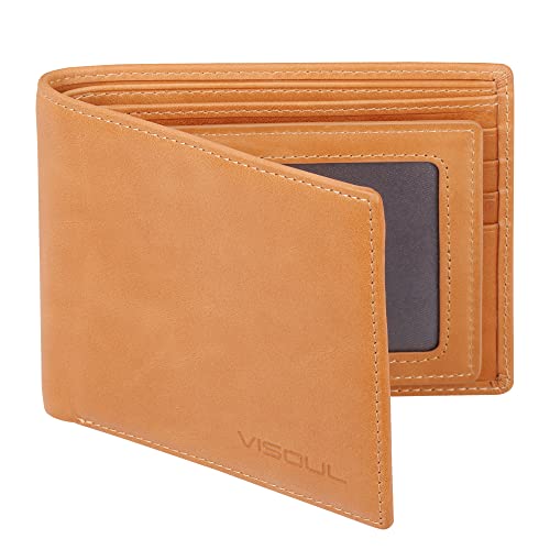 VISOUL Leder Geldbörse Herren mit ID Fenster RFID Schutz,Echtleder Geldbeutel für Männer Portemonnaie Brieftasche Wallet Portmonee Tan von VISOUL