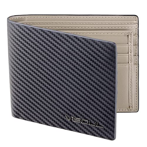 VISOUL Ledergeldbörse für Herren aus Kohlefaser mit RFID-Blockierung, Geldbörse aus echtem Leder mit 1 ID-Fenster, 2 Bargeldtaschen und 14 Kreditkartenfächern, Kohlenstoff Schwarz+Grau von VISOUL