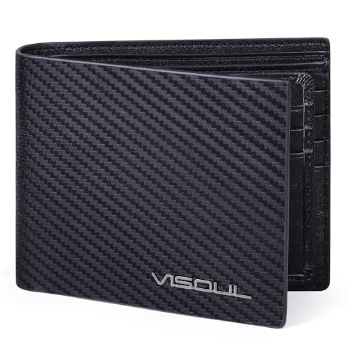 VISOUL Ledergeldbörse für Herren aus Kohlefaser mit RFID-Blockierung, Geldbörse aus echtem Leder mit 1 ID-Fenster, 2 Bargeldtaschen und 14 Kreditkartenfächern, Schwarz+schwarzer Kohlenstoff von VISOUL