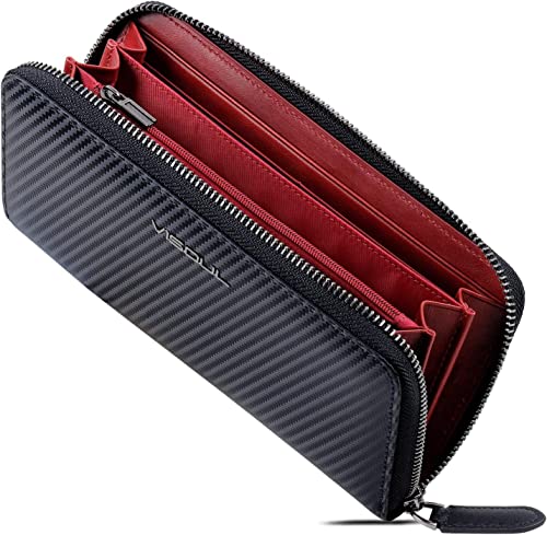 VISOUL Premium Brieftasche Echtleder/Italienisches Leder mit RFID-Schutz, XL Geldbörse für Herren Carbon+Rot von VISOUL