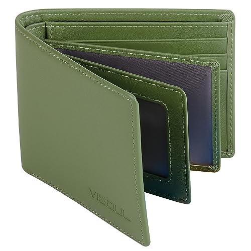 VISOUL Slim Bi-fold Wallet für Damen und Herren mit 4 ID Windows 8 Kartenfächer 1 Bargeldfach, weiches Leder Kreditkartenetui Geldbörse zweifarbig mit RFID-Blockierung, Grün , Casual von VISOUL