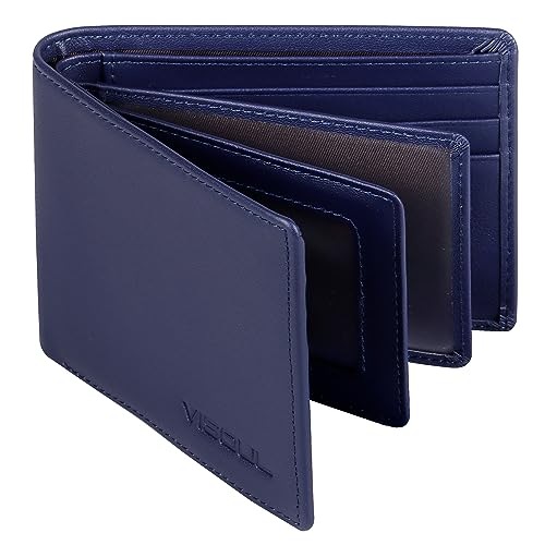 VISOUL Slim Bi-fold Wallet für Damen und Herren mit 4 ID Windows 8 Kartenfächer 1 Bargeldfach, weiches Leder Kreditkartenetui Geldbörse zweifarbig mit RFID-Blockierung, Marineblau, Casual von VISOUL