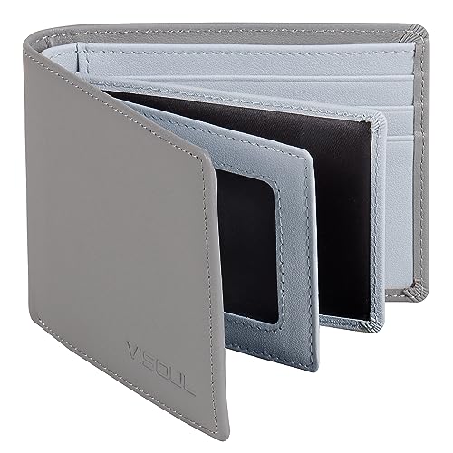 VISOUL Slim Bifold Wallet für Damen und Herren mit 4 ID Windows 8 Kartenfächer 1 Bargeldfach Leder Kreditkartenetui Geldbörse zweifarbig mit RFID-Blockierung, Dunkelgrau und Hellgrau, Casual von VISOUL