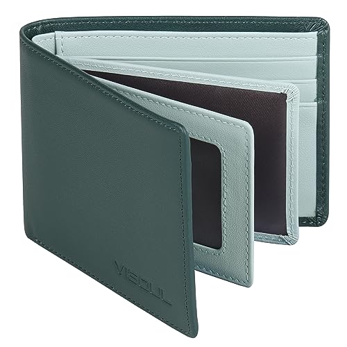 VISOUL Slim Bifold Wallet für Damen und Herren mit 4 ID Windows 8 Kartenfächer 1 Bargeldfach Leder Kreditkartenetui Geldbörse zweifarbig mit RFID-Blockierung, Dunkelgrün und Hellblau, Casual von VISOUL