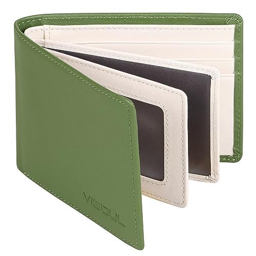 VISOUL Slim Bifold Wallet für Damen und Herren mit 4 ID Windows 8 Kartenfächer 1 Bargeldfach Leder Kreditkartenetui Geldbörse zweifarbig mit RFID-Blockierung, Grün und Elfenbein, Casual von VISOUL