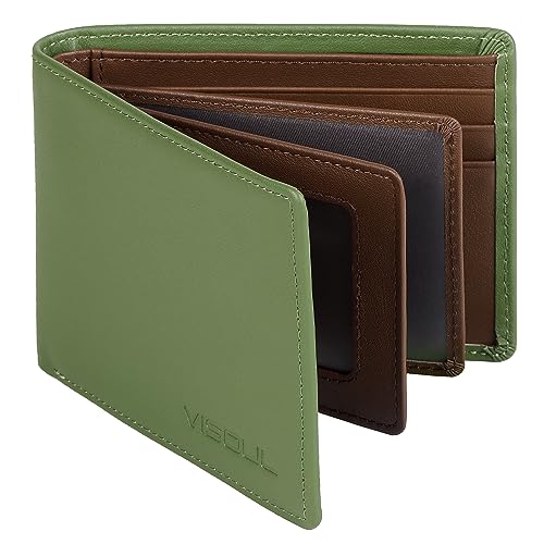 VISOUL Slim Bifold Wallet für Damen und Herren mit 4 ID Windows 8 Kartenfächer 1 Bargeldfach Leder Kreditkartenetui Geldbörse zweifarbig mit RFID-Blockierung, Grün und Kaffee, Casual von VISOUL