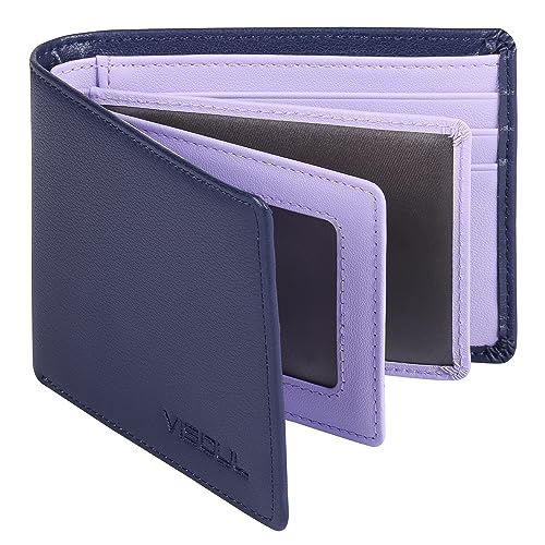 VISOUL Slim Bifold Wallet für Damen und Herren mit 4 ID Windows 8 Kartenfächer 1 Bargeldfach Leder Kreditkartenetui Geldbörse zweifarbig mit RFID-Blockierung, Marineblau und Violett, Casual von VISOUL