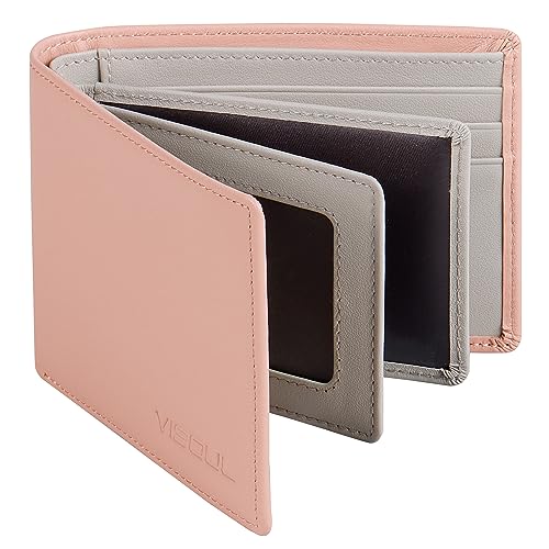 VISOUL Slim Bifold Wallet für Damen und Herren mit 4 ID Windows 8 Kartenfächer 1 Bargeldfach Leder Kreditkartenetui Geldbörse zweifarbig mit RFID-Blockierung, Rosa und Hellgrau, Casual von VISOUL