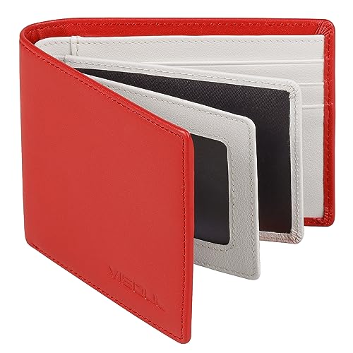 VISOUL Slim Bifold Wallet für Damen und Herren mit 4 ID Windows 8 Kartenfächer 1 Bargeldfach Leder Kreditkartenetui Geldbörse zweifarbig mit RFID-Blockierung, Rot und weiß, Casual von VISOUL