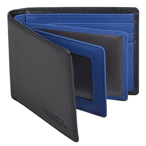 VISOUL Slim Bifold Wallet für Damen und Herren mit 4 ID Windows 8 Kartenfächer 1 Bargeldfach Leder Kreditkartenetui Geldbörse zweifarbig mit RFID-Blockierung, Schwarz und Blau, Casual von VISOUL