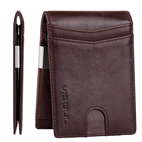 VISOUL Slim Wallet mit Münzfach & RFID-Schutz - Mini Geldbörse Herren klein - Kreditkartenetui Kartenetui - Kartenhalter Portmonee Portemonnaie klein - Geldbeutel Leder Kaffee A von VISOUL