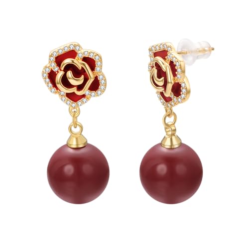 Vissen Ohrringe Rote Blume Rote Perlen Hängend Damen Ohrstecker Vergoldet Zirkonia Modeschmuck Ohrringe von vissen