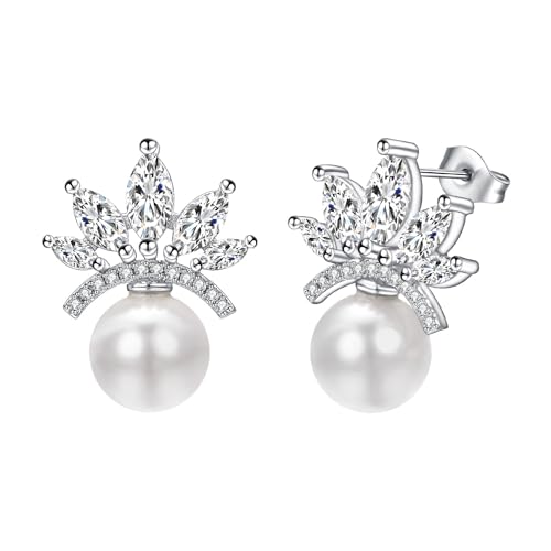 Vissen Weiße Perlen Ohrringe Damen Krone Zirkonia Silber Ohrringe Süßwasserperlen Ohrstecker Modeschmuck von vissen