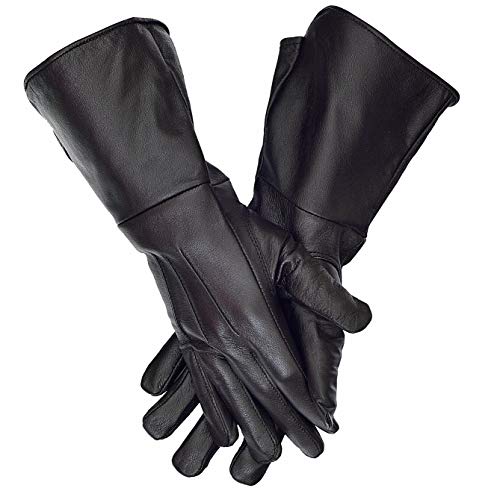 VISTOSO Premium Stulpen Mittelalter Kostüm Cosplay Lange Manschette Echt Leder Handschuhe, Schwarz, Small von VISTOSO