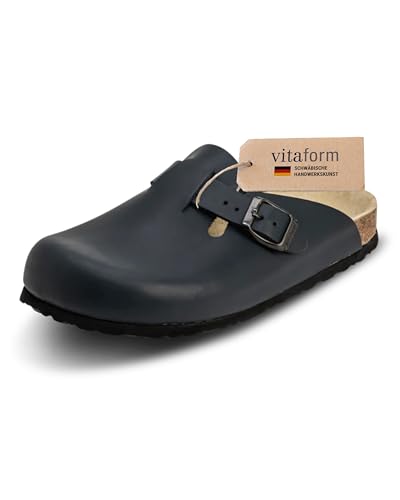 VITAFORM® Clogs für Damen und Herren I mit Kork-Fußbett I Hausschuhe I italienisches Leder I Arbeitsschuhe für Pflegepersonal Pflege I Gesundheitsschuhe I Naturkork I Gelenkschonend dämpfend blau 38 von VITAFORM