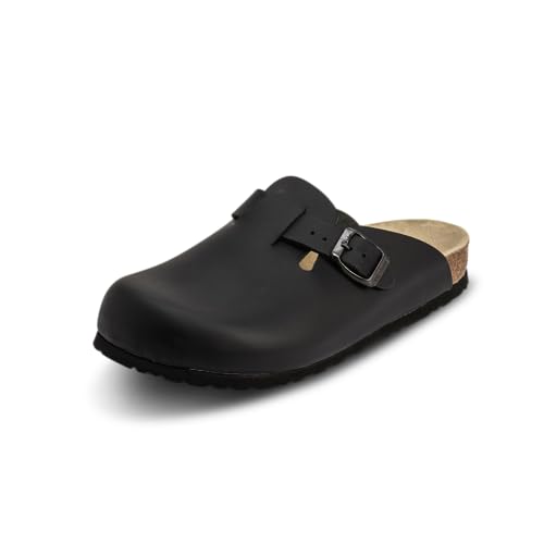 VITAFORM® Clogs Leder für Damen und Herren, Hausschuhe mit ultradämpfendem Fußbett, Sohle aus Naturkork, Arbeitsschuhe für Pflegeberufe, atmungsaktiv, Schwarz Größe 44 von VITAFORM