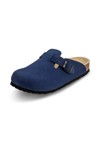 VITAFORM® Clogs Royalblau Größe 45 für Damen und Herren | Nubukleder Hausschuhe | Luftpolsterung von Zeh bis Ferse | Reinstes Naturkork | Dämpfend und Gelenkschonend von VITAFORM