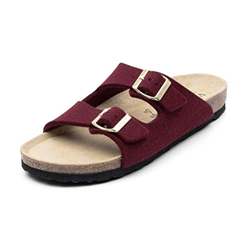 VITAFORM® Damen Herren Pantolette Sandale Aus Weichem Wollfilz Mit Naturkork – Bequemer Hausschuh Mit Luftpolsterfußbett 100% Natürliche Premium Schurwolle Wärmeregulierend (Bordeaux, Numeric_38) von VITAFORM