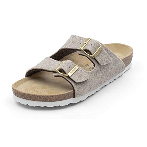 VITAFORM® Damen Herren Pantolette Sandale Aus Weichem Wollfilz Mit Naturkork – Bequemer Hausschuh Mit Luftpolsterfußbett 100% Natürliche Premium Schurwolle Wärmeregulierend (beige-meliert, 43) von VITAFORM