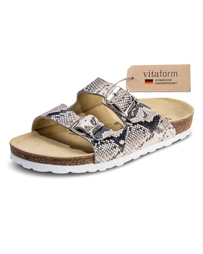 VITAFORM® Pantoletten für Damen und Herren | Animal Print | Vollrind-Leder | Dämpfendes Luftpolster Fussbett | Reinstes Naturkork | Weite H | Leopard Muster | Größe 42 von VITAFORM
