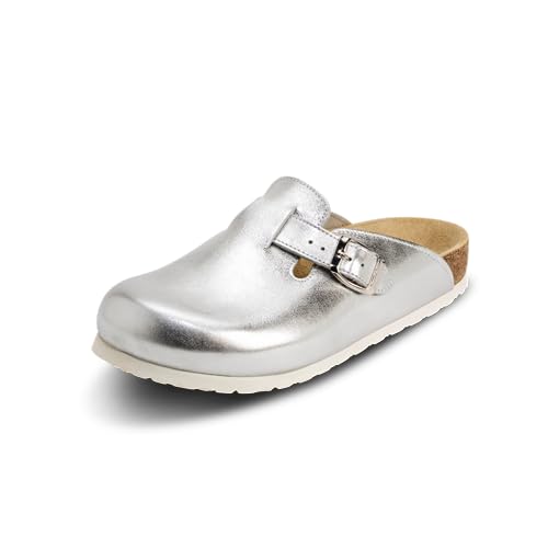 VITAFORM® Clogs für Damen und Herren I mit Kork-Fußbett I Hausschuhe I italienisches Leder I Arbeitsschuhe für Pflegepersonal Pflege I Gesundheitsschuhe I Naturkork I Gelenkschonend Silber 35 von VITAFORM