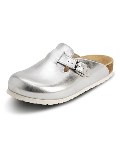 VITAFORM® Clogs für Damen und Herren I mit Kork-Fußbett I Hausschuhe I italienisches Leder I Arbeitsschuhe für Pflegepersonal Pflege I Gesundheitsschuhe I Naturkork I Gelenkschonend Silber 39 von VITAFORM