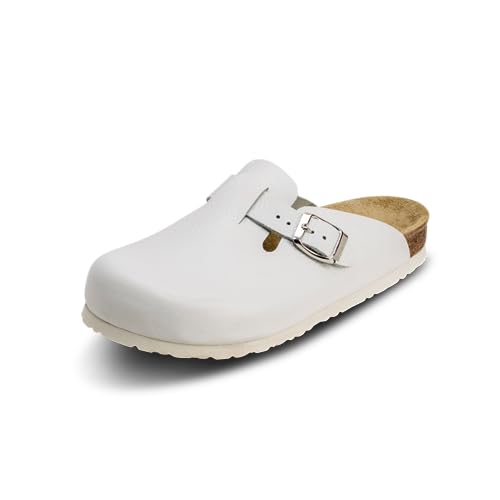 VITAFORM® Clogs für Damen und Herren I mit Kork-Fußbett I Hausschuhe I italienisches Leder I Arbeitsschuhe für Pflegepersonal Pflege I Gesundheitsschuhe I Naturkork I Gelenkschonend dämpfend weiß 36 von VITAFORM