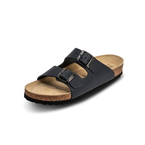 VITAFORM® Pantoletten für Damen und Herren I Sommer Sandalen mit Kork-Fußbett I Hausschuhe mit Riemen I Arbeitsschuhe für Pflegepersonal und Pflege I gelenkschonende und dämpfende Schuhe blau 37 von VITAFORM