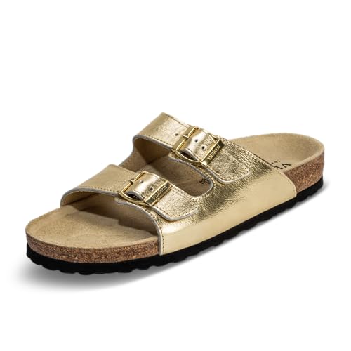 VITAFORM® Pantoletten für Damen und Herren I Sommer Sandalen mit Kork-Fußbett I Hausschuhe mit Riemen I Arbeitsschuhe für Pflegepersonal und Pflege I gelenkschonende und dämpfende Schuhe gold 36 von VITAFORM