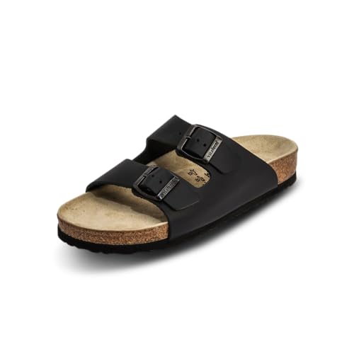 VITAFORM Unisex Pantoletten in Schwarz I Größe 46 I Luftpolster-Fußbett für Dämpfung & Gelenkentlastung I Weite H für optimalen Sitz I Weiches Veloursleder & Naturkork I Echte Handwerkskunst von VITAFORM