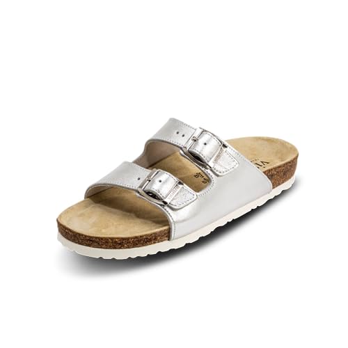 VITAFORM® Pantoletten für Damen und Herren I Sommer Sandalen mit Kork-Fußbett I Hausschuhe mit Riemen I Arbeitsschuhe für Pflegepersonal und Pflege I gelenkschonende und dämpfende Schuhe silber 36 von VITAFORM