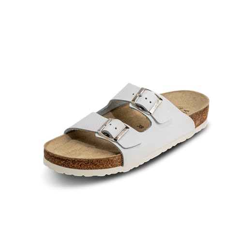 VITAFORM® Pantoletten für Damen und Herren I Sommer Sandalen mit Kork-Fußbett I Hausschuhe mit Riemen I Arbeitsschuhe für Pflegepersonal und Pflege I gelenkschonende und dämpfende Schuhe weiß 35 von VITAFORM