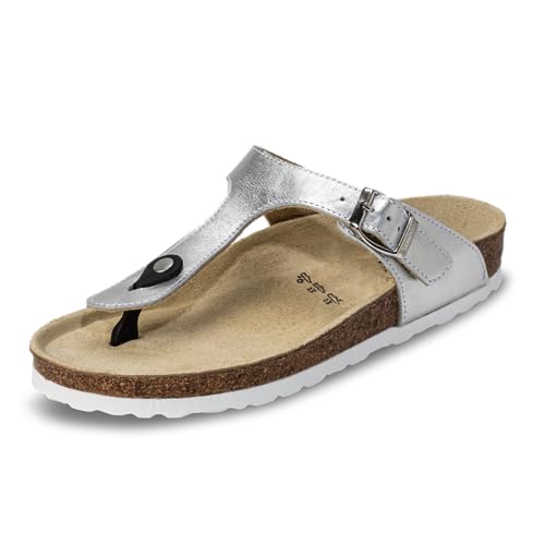 VITAFORM® Zehentrenner für Damen I Sandalen Pantoletten I Sommerschuhe I Strandschuhe I Leder I Naturkork-Sohle I Luftpolsterung I anatomisch geformtes Fußbett I Gelenkschonend- Dämpfend I Silber 41 von VITAFORM