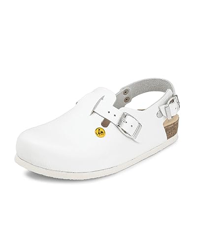 VITAFORM® ESD Clogs mit Schnalle Damen Herren Leder, ableitfähige Arbeitsschuhe für Medizin, Elektrotechnik oder Fabriken, Antistatische Schuhe mit guter Passform, rutschfeste Eva Sohle, Weiß 48 von VITAFORM