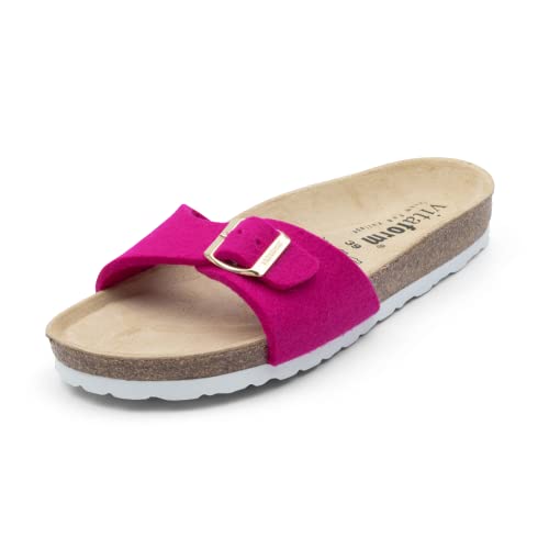 VITAFORM® Hausschuhe offen für Damen und Herren I 100% natürlicher Woll-Filz I Pantoletten mit Schnalle I Atmungsaktiv & Feuchtigkeitsregulierend I Korkfußbett I Weite H I Handgefertigt pink/Rose 38 von VITAFORM