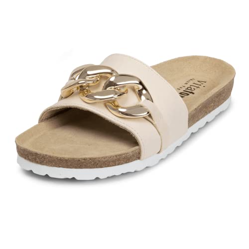 VITAFORM® Olivenblattgegerbte Pantolette für Damen mit Gliederkette | Weiches Softnappaleder | Elegante Sommerschuhe | Handgefertigte Schuhe aus Deutschland Beige 38 von VITAFORM