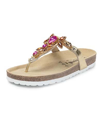 VITAFORM® Pantolette für Damen mit feinen Schmuckdetails | Zehentrenner aus Softnappaleder | Farbenspiel aus Orange, Pink und Gold | Sommerschuhe modisch und bequem | Größe 35 von VITAFORM