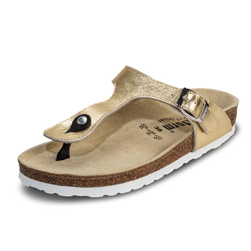 VITAFORM® Zehentrenner für Damen I Sandalen Pantoletten I Sommer-Schuhe I Strandschuhe I Leder I Naturkork-Sohle I Luftpolsterung I anatomisch geformtes Fußbett I Gelenkschonend dämpfend Gold 36 von VITAFORM