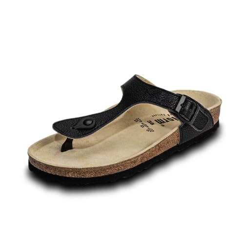 VITAFORM® Zehentrenner für Damen I Sandalen Pantoletten I Sommer-Schuhe I Strandschuhe I Leder I Naturkork-Sohle I Luftpolsterung I anatomisch geformtes Fußbett I Gelenkschonend dämpfend schwarz 37 von VITAFORM