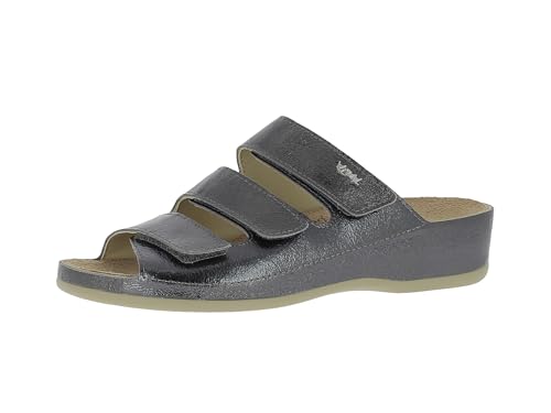 VITAL 0613M weiche und komfortable Pantoletten mit Wechselfussbett aus Leder und Lackleder Obermaterial | Auch für Orthopädische Einlagen geeignet Metallic Titan EU 39 von VITAL