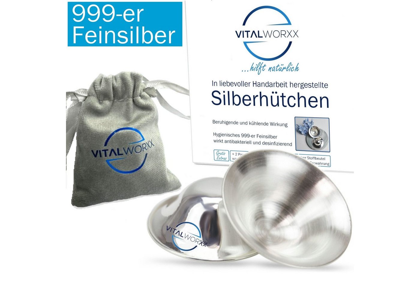 VITALWORXX Stillhütchen 2 Stück Silberhütchen - schnelle Hilfe bei empfindlichen Brustwarzen (Komplett-Sorglos-Paket), massives 999-er Feinsilber (Sterlingsilber) von VITALWORXX