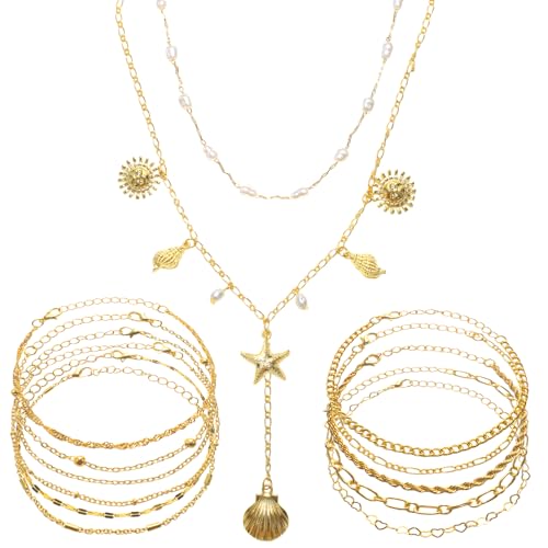 VITASHYNX 13-teiliges Muschel-Seestern-Schmuck-Set, Charm-Halskette für Damen, Strand-Charm-Halskette, Gold und Sommer-Strand-Armbänder für Urlaub, Frauen, Geschenke VITASHYNX 13-teiliges Muschel-Seestern-Schmuck-Set, Charm-Halskette für Damen, Strand-Charm-Halskette, Gold und Sommer-Strand-Armbänder für Urlaub, Frauen, Geschenke von VITASHYNX