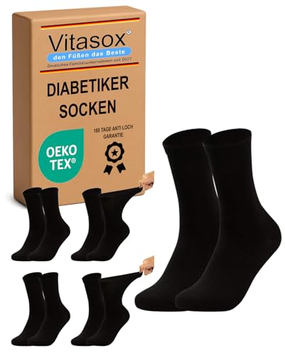 Vitasox Diabetikersocken für Damen, 4 Paar Schwarz 35/38, venenfreundliche Diabetiker Socken aus Baumwolle, ohne Gummibund, extra weit dehnbar, gegen Einschneiden & Drücken, 11124 von Vitasox