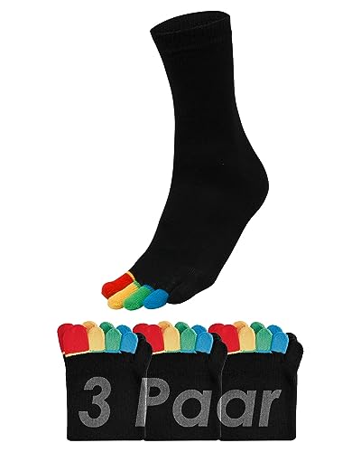 Vitasox 55510 Damen Herren Zehensocken Baumwolle mit getrickter Ferse bunte Zehen einfarbig schwarz ohne Naht 3er Pack 42/46 von Vitasox