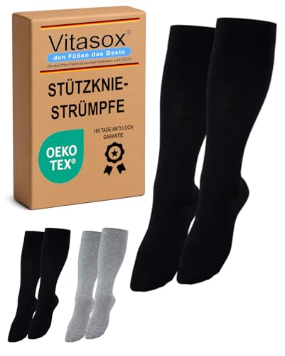 Vitasox Stützkniestrümpfe für Damen & Herren, 2 Paar schwarz/silber 39/42, Reisestrümpfe aus Baumwolle mit Kompression für Flug, Büro und Auto, Thrombose Socken gegen geschwollene Beine, 44450-51 von Vitasox