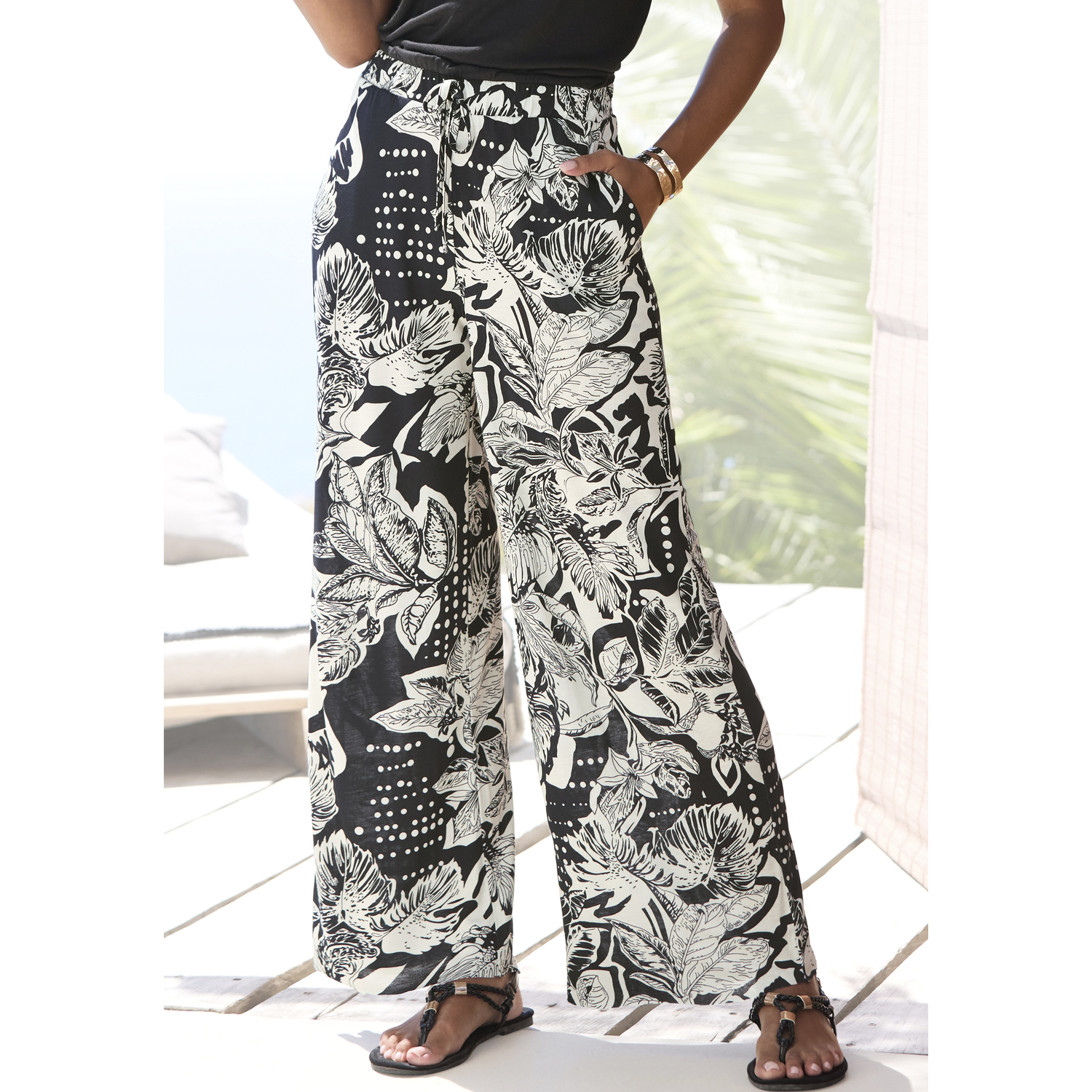 VIVANCE Palazzohose Damen schwarz-creme bedruckt Gr.46 von VIVANCE