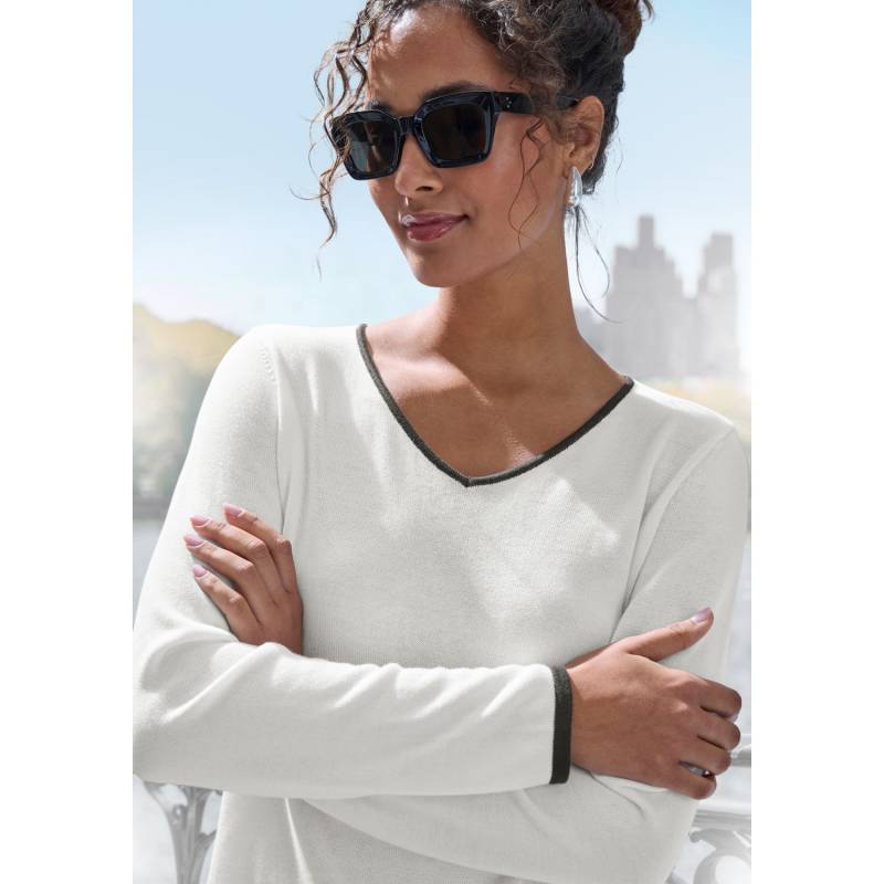 VIVANCE V-Ausschnitt-Pullover Damen weiß-schwarz Gr.44/46 von VIVANCE