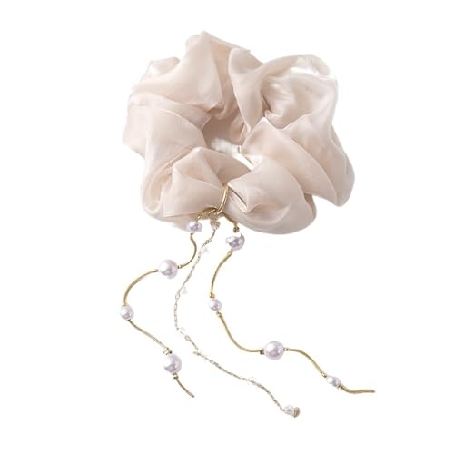 Haargummi mit Perlen und Strasssteinen for Frauen, Haargummi mit Quaste, Chiffon, Dickdarm, elastische Haarbänder, Pferdeschwanz-Haar-Accessoires(Beige) von VIVAZYTGH