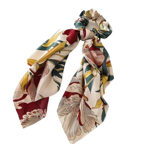 Kopfbedeckung Print Schleife elastische Haarbänder Band Pferdeschwanzhalter Schal Haargummi Frauen Scrunchies Haarband Haar-Accessoires(Beige Flower) von VIVAZYTGH
