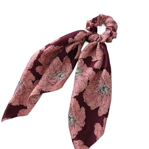 Kopfbedeckung Print Schleife elastische Haarbänder Band Pferdeschwanzhalter Schal Haargummi Frauen Scrunchies Haarband Haar-Accessoires(Wine red Flower) von VIVAZYTGH